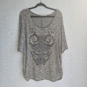 Vtg Y2K Cato 26 28W Top Rhinestone Cross Ruched Christian Gray Soft Comfort